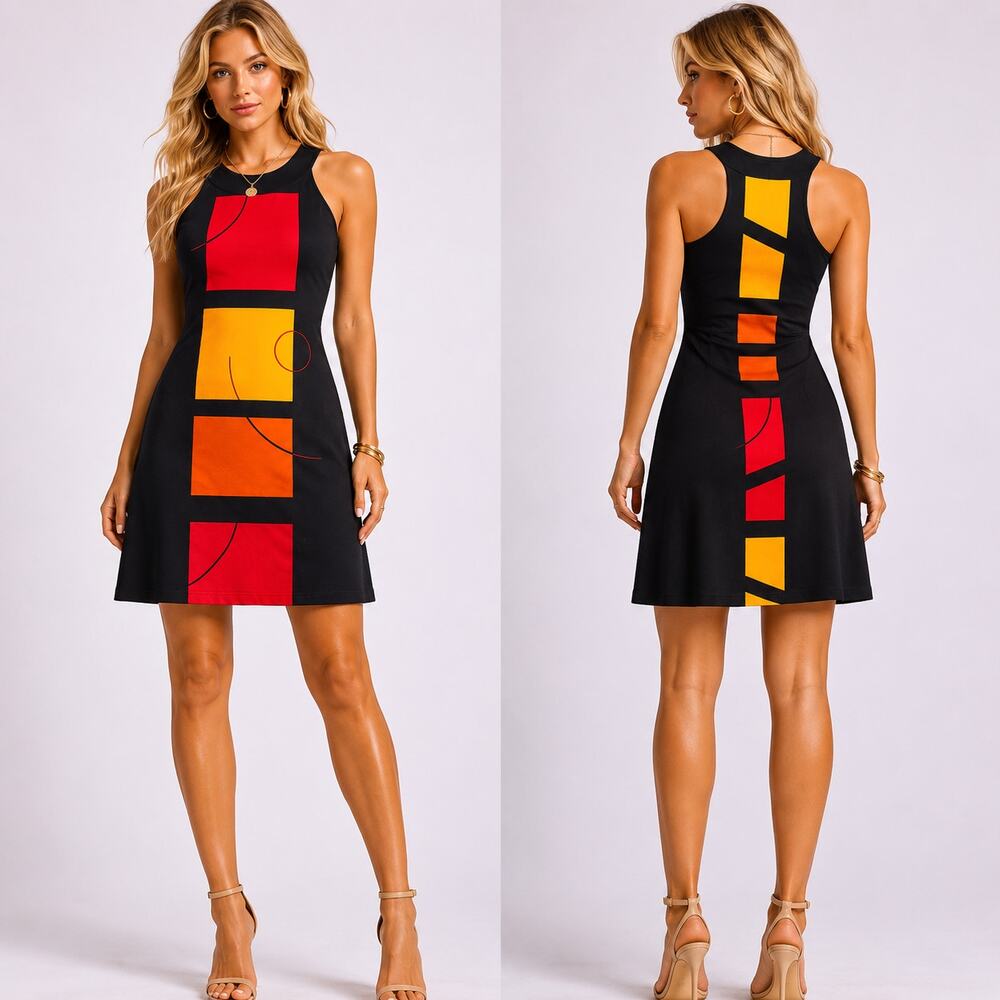 Joseph Ribkoff Black Mini Dress with Red, Orange & Yellow Blocks
